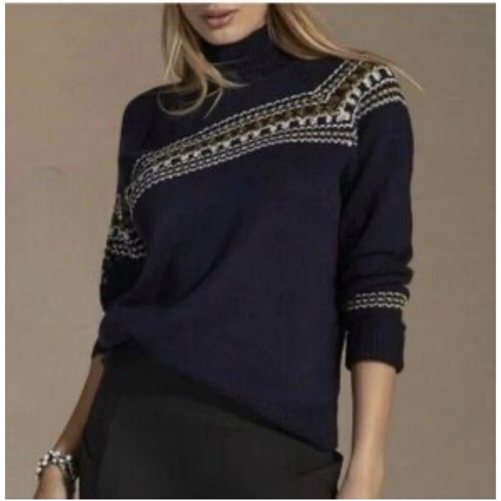 CABI Fair Isle Offset Zip Mock Neck Sweater Blue Sz S #4231 EUC